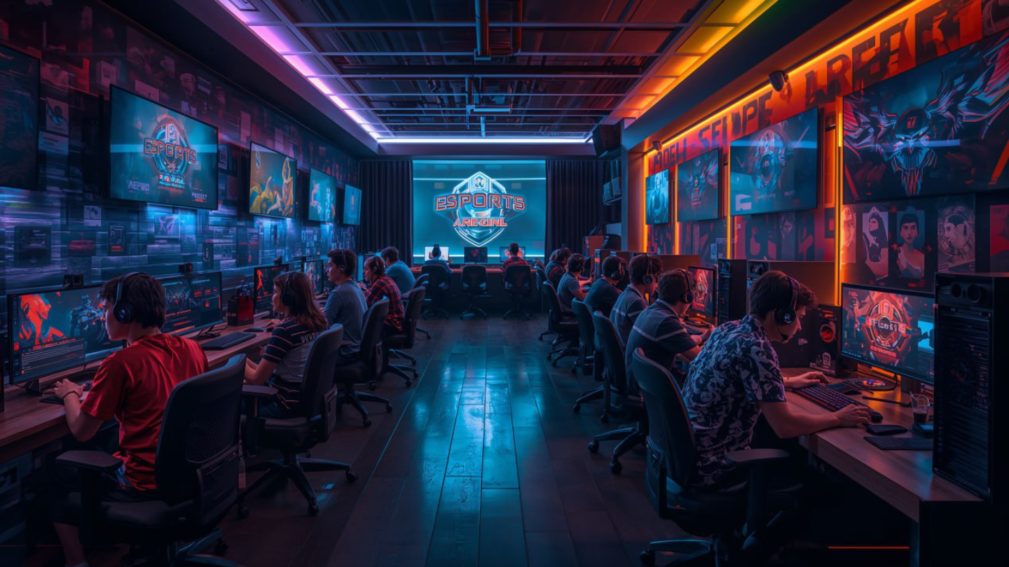 Suasana warnet gaming modern di Indonesia dengan anak muda bermain bersama.