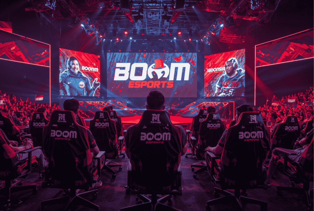 BOOM Esports di panggung internasional dengan jersey hitam merah dan penonton bersorak