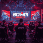 BOOM Esports di panggung internasional dengan jersey hitam merah dan penonton bersorak