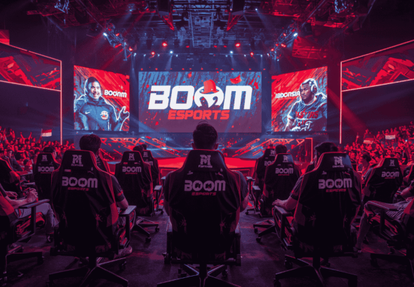 BOOM Esports di panggung internasional dengan jersey hitam merah dan penonton bersorak