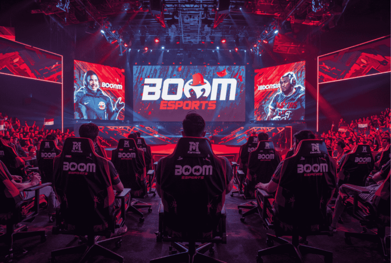 BOOM Esports di panggung internasional dengan jersey hitam merah dan penonton bersorak