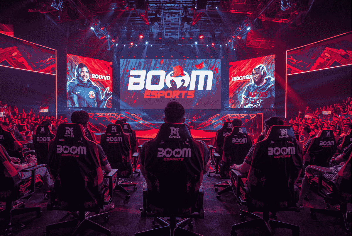 BOOM Esports di panggung internasional dengan jersey hitam merah dan penonton bersorak
