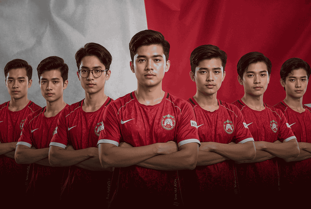 lima pemain esports Indonesia berdiri di depan bendera Merah Putih