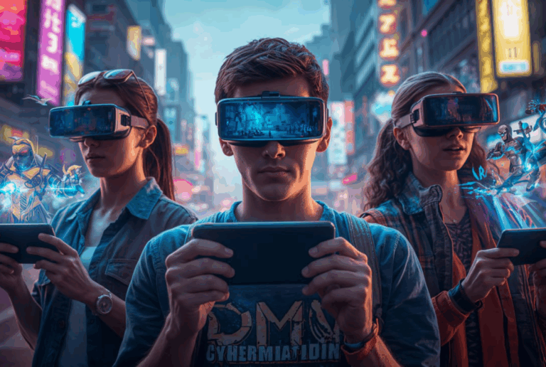 Futuristic artwork pemain android game populer dengan teknologi AR dan VR.