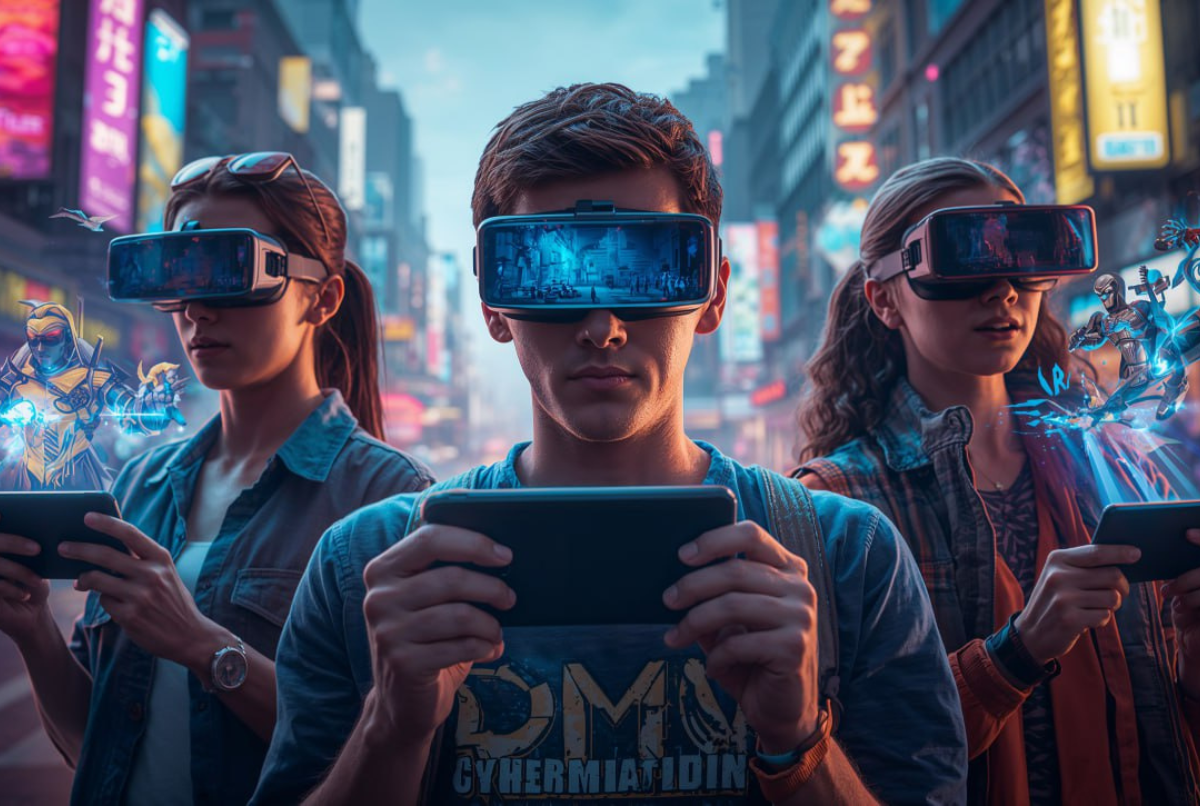 Futuristic artwork pemain android game populer dengan teknologi AR dan VR.