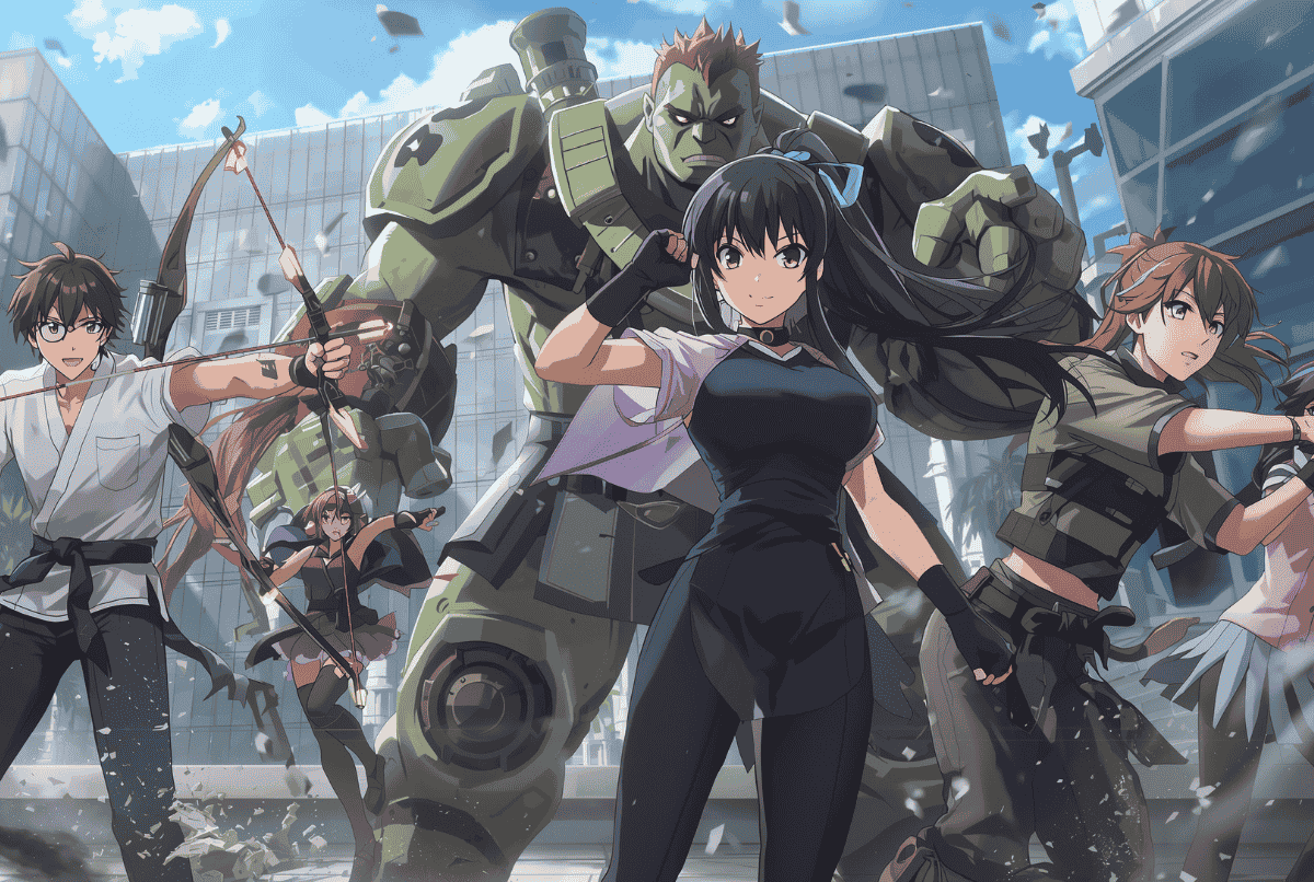 Lima karakter terkuat di game college brawl dalam ilustrasi gaya anime dengan nuansa romantis dan dramatis.