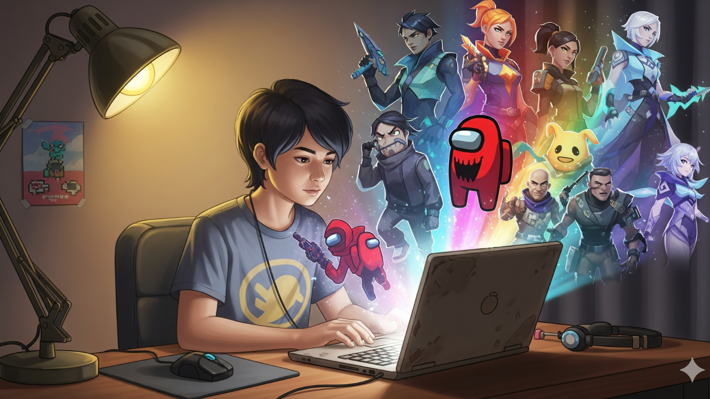 Gamer Indonesia bermain game gratis PC ringan di laptop sederhana.