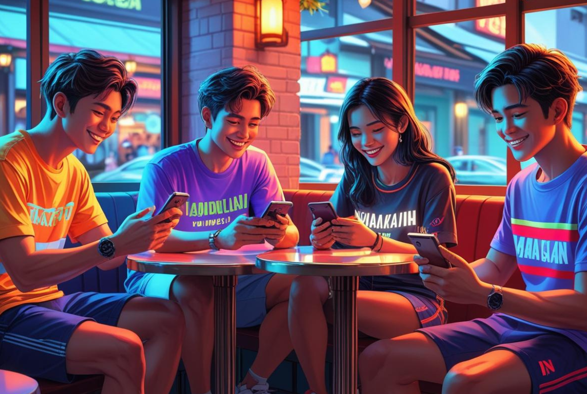 Anak muda Indonesia bermain game mobile bersama di kafe dengan suasana hangat.