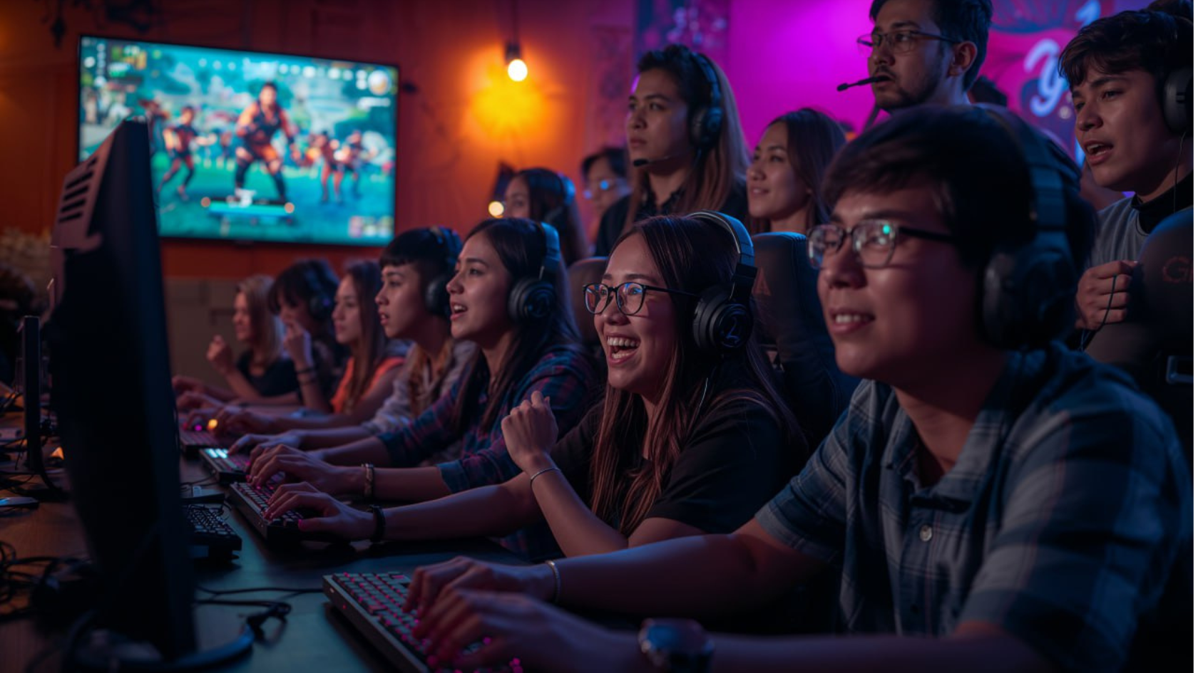 Komunitas gamer Indonesia berkumpul di kafe gaming, bermain game online terbaru di layar besar.