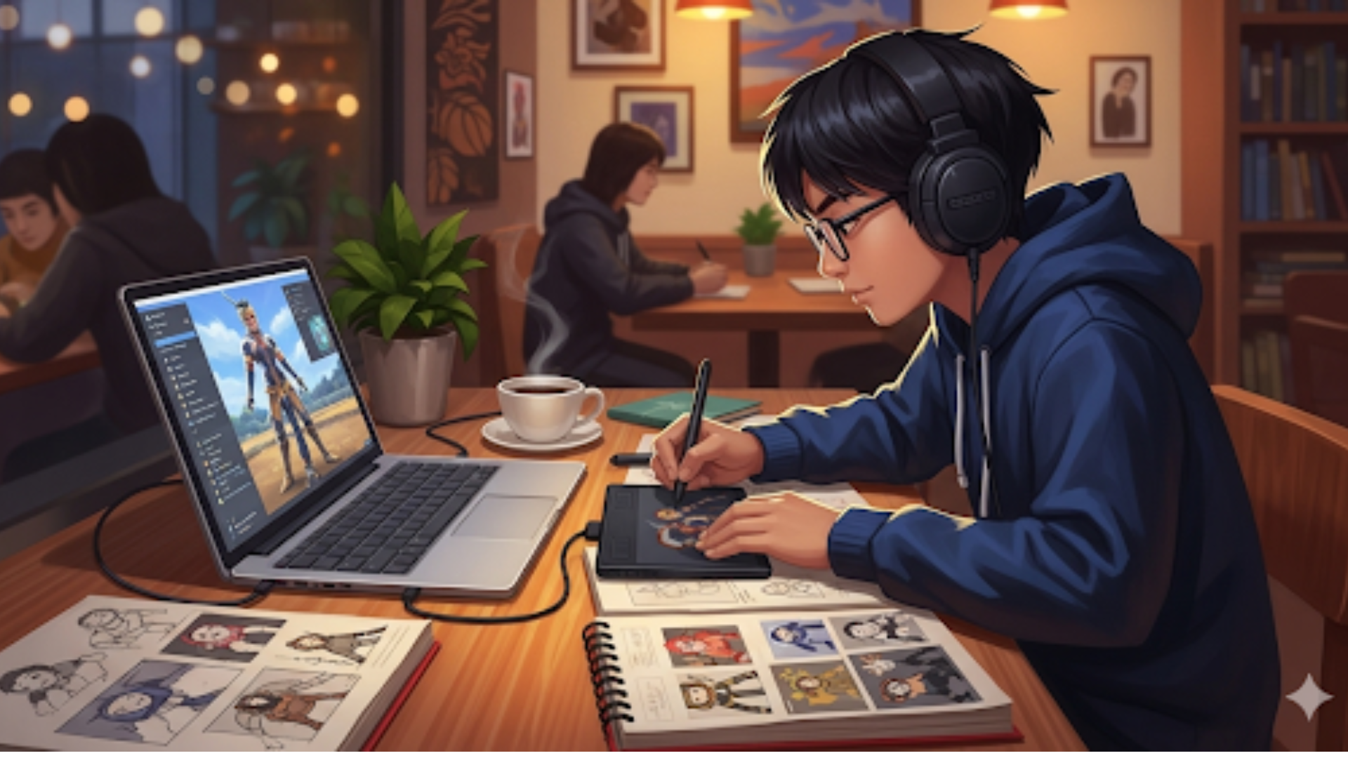 Anak muda Indonesia menggambar karakter game di kafe dengan laptop dan tablet grafis.