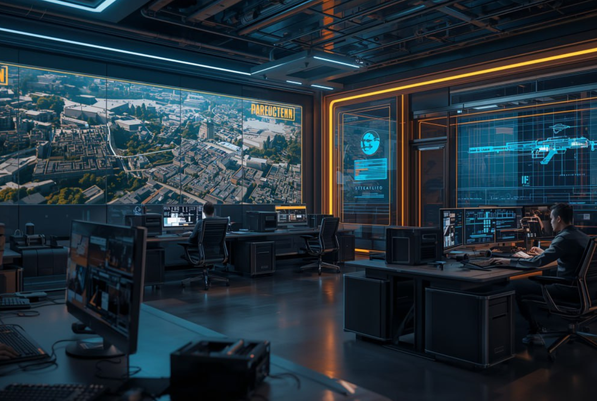 Kantor futuristik pengembang PUBG Mobile dengan layar hologram peta Erangel. Keterangan: Ilustrasi detail suasana kantor perusahaan PUBG Mobile dengan nuansa cyberpunk.