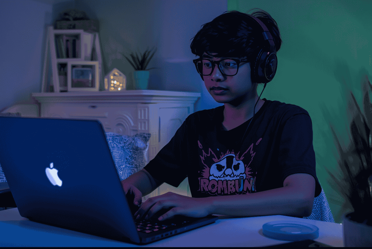 Remaja Indonesia sedang mendesain t-shirt Roblox di depan laptop.