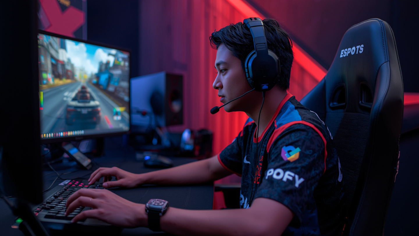 Pro player esports melakukan live streaming dengan jersey sponsor.