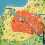 Peta battle royale dengan zona aman, loot spot, dan jalur rotasi strategi.