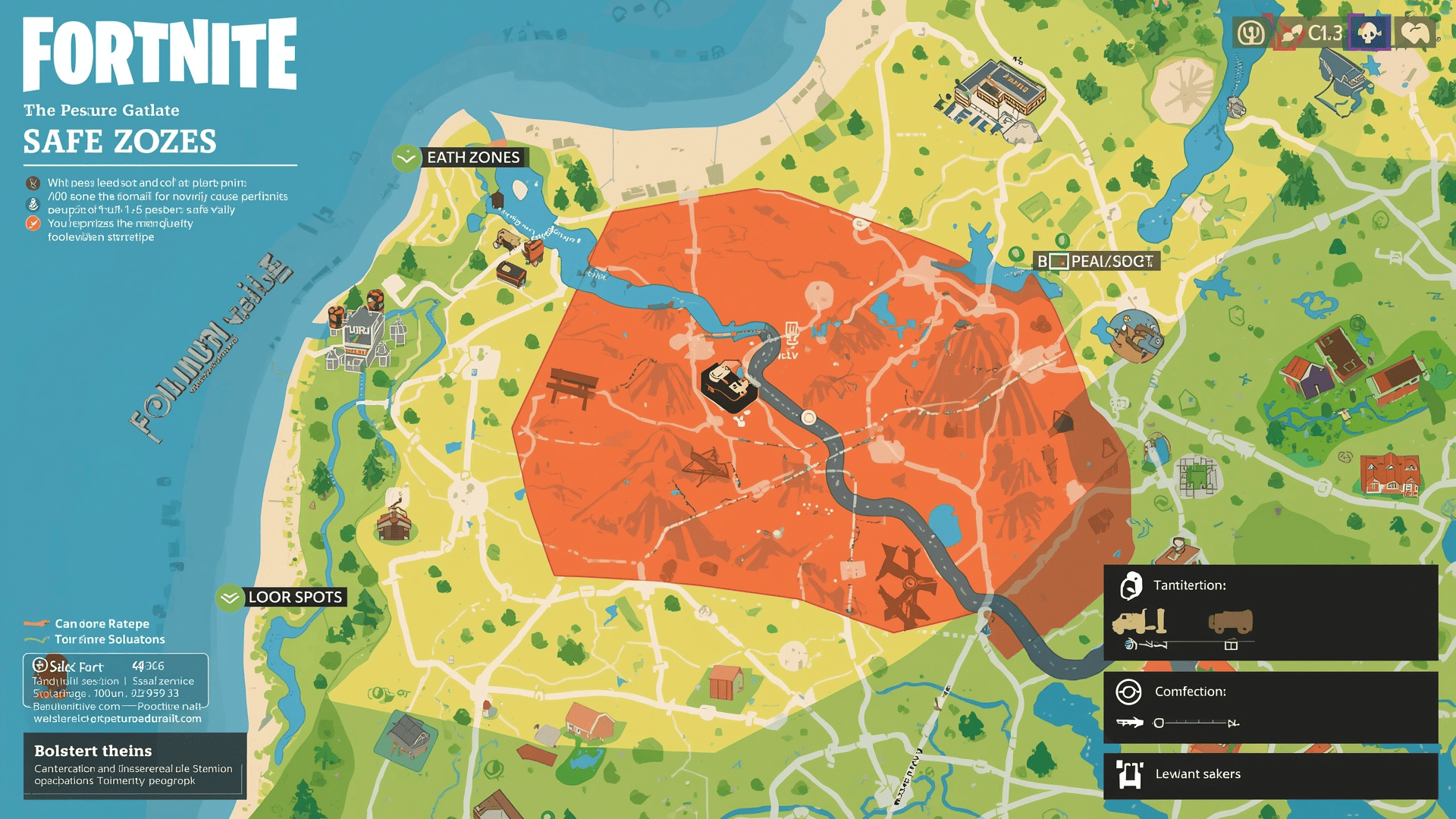 Peta battle royale dengan zona aman, loot spot, dan jalur rotasi strategi.