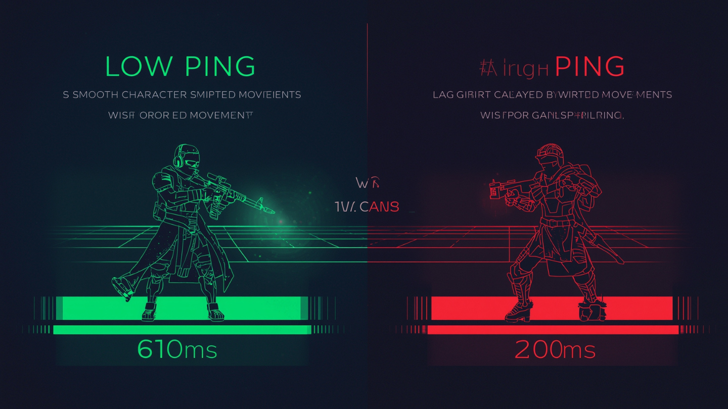 Ilustrasi perbandingan ping rendah 30 ms vs ping tinggi 200 ms dalam game online.