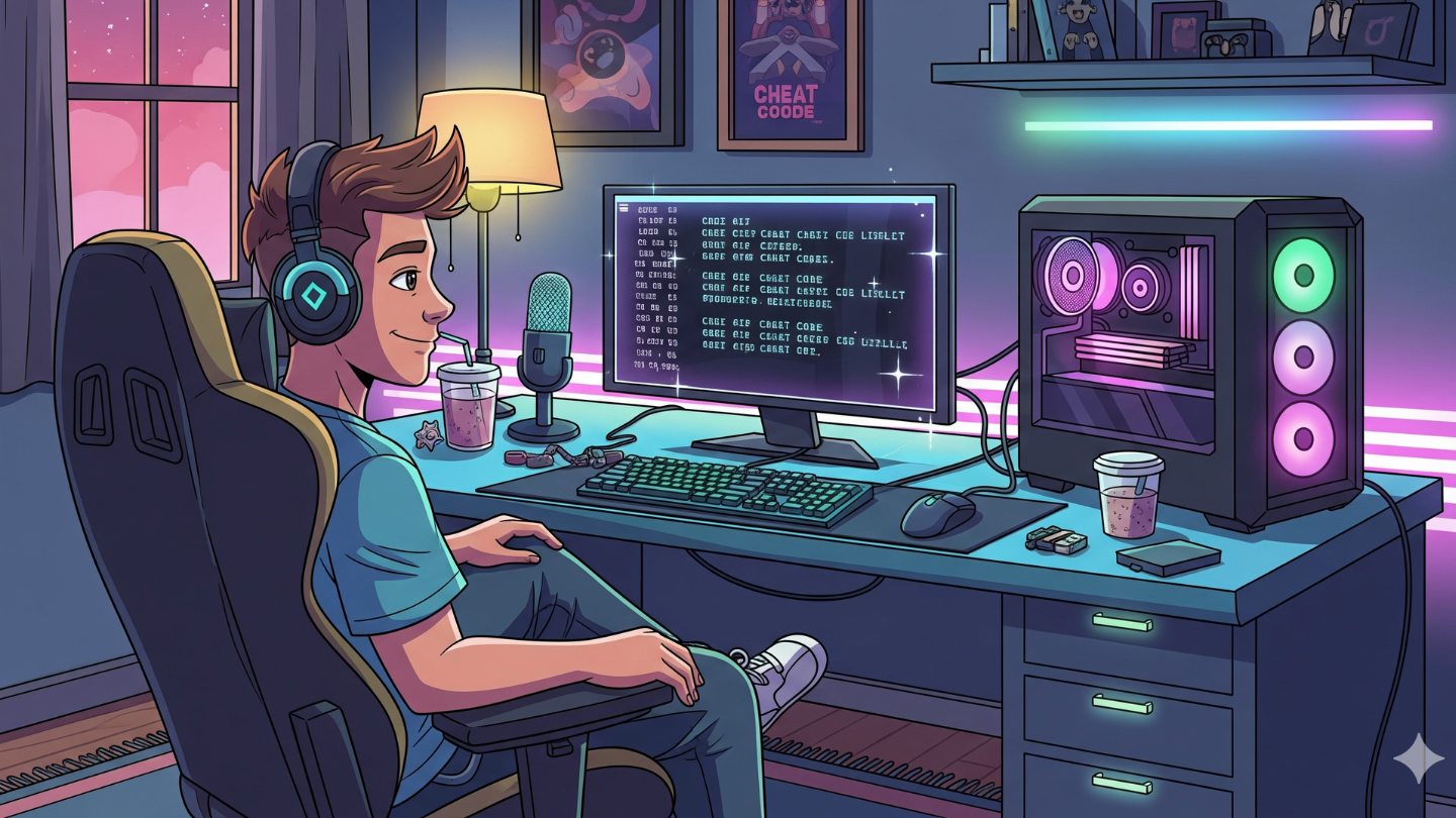 gamer santai mengetik cheat legal di komputer