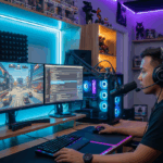 Gamer Indonesia sedang live streaming di kamar gaming modern dengan setup PC RGB.