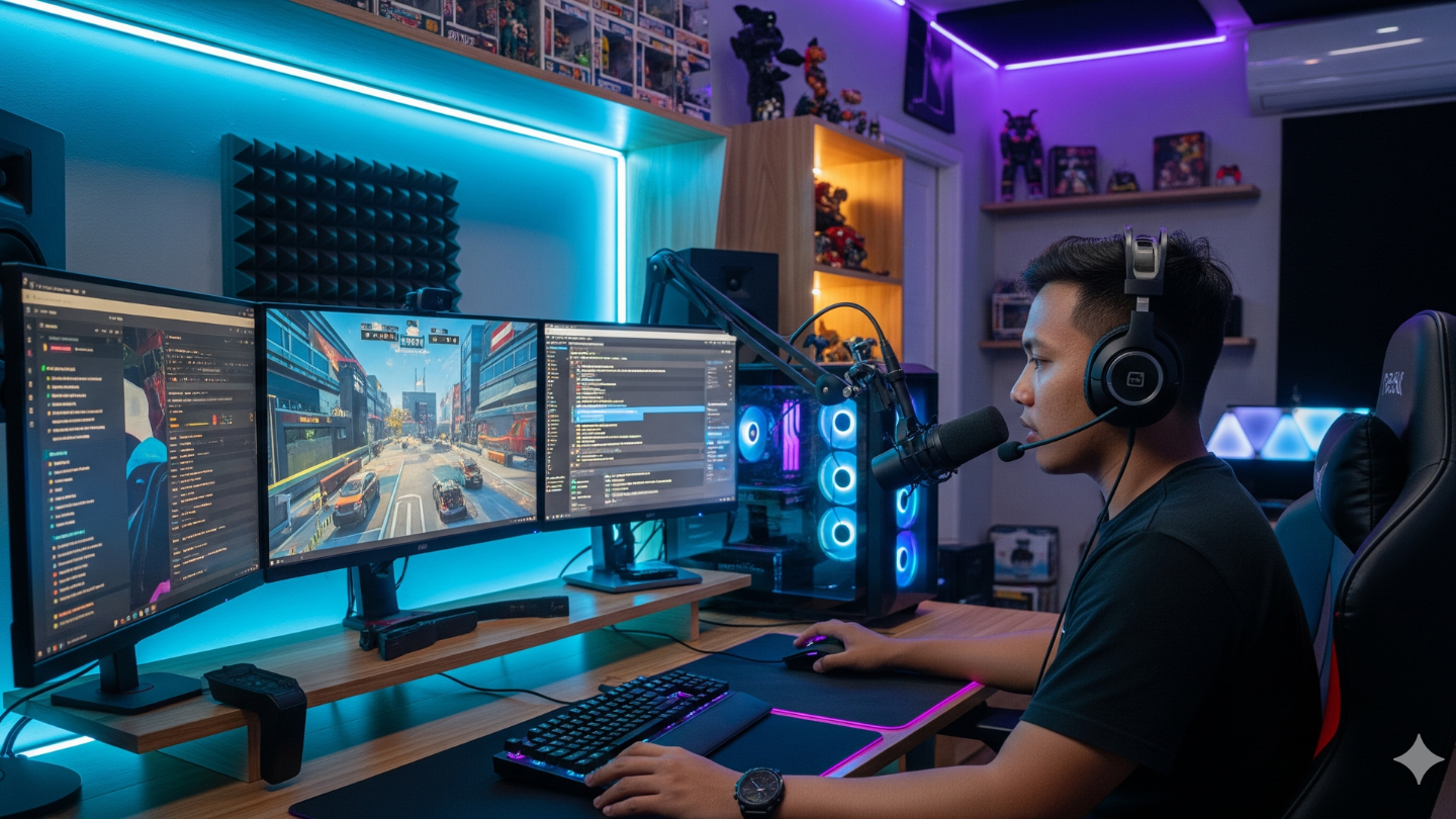 Gamer Indonesia sedang live streaming di kamar gaming modern dengan setup PC RGB.