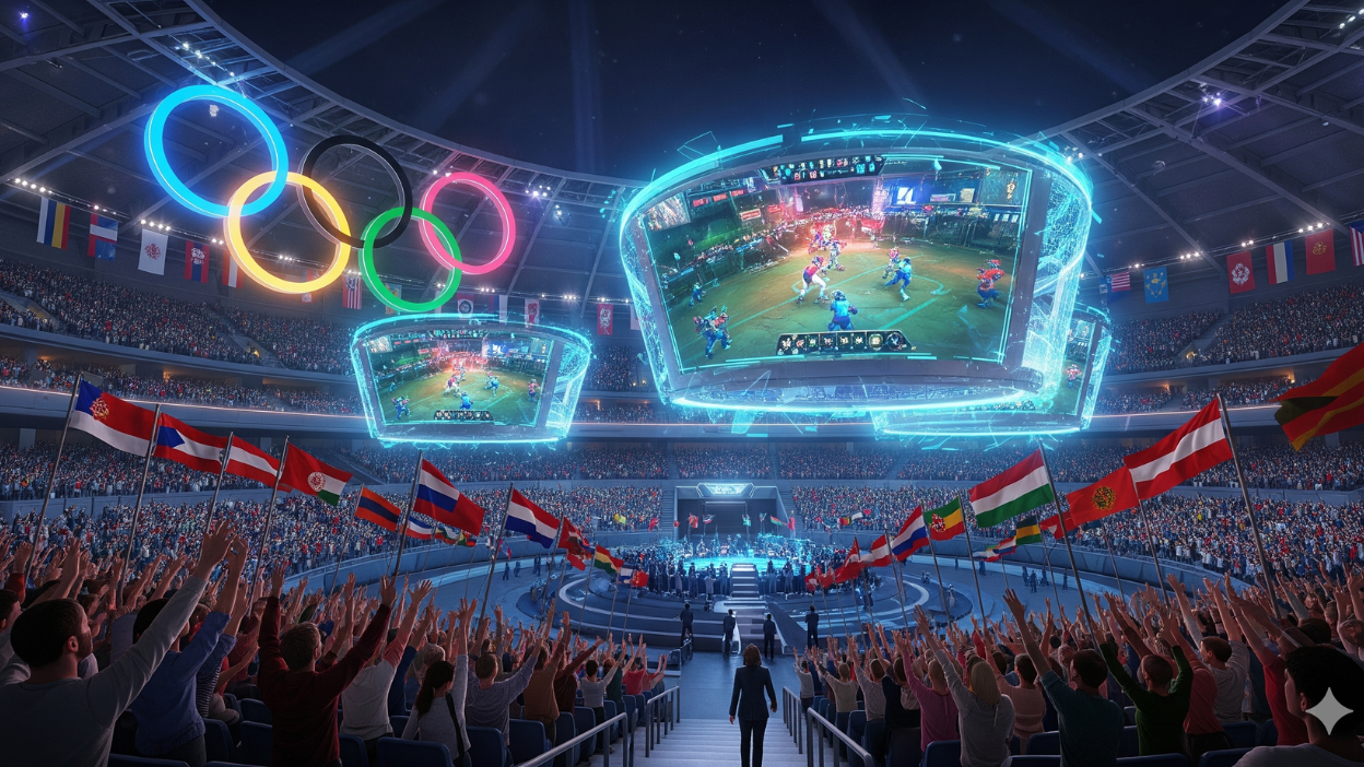 Stadion Olimpiade futuristik dengan pertandingan esports di layar raksasa