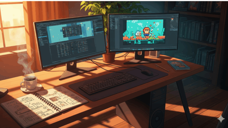 Meja kerja game developer dengan monitor Unity dan pixel art