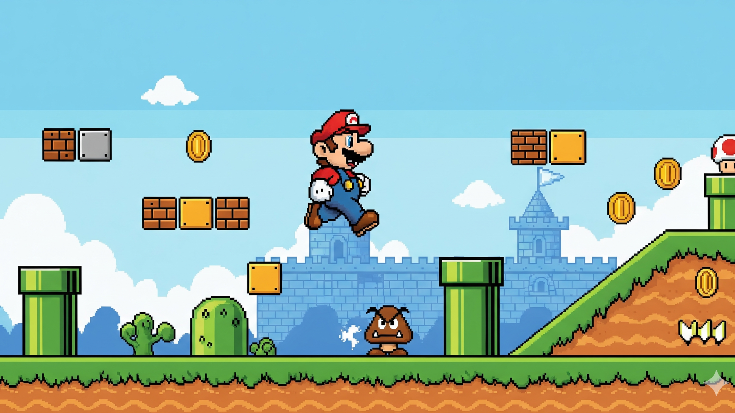 "Ilustrasi pixel art Mario Bros klasik sedang melompat melewati blok dan menghindari Goomba dengan latar dunia penuh warna."