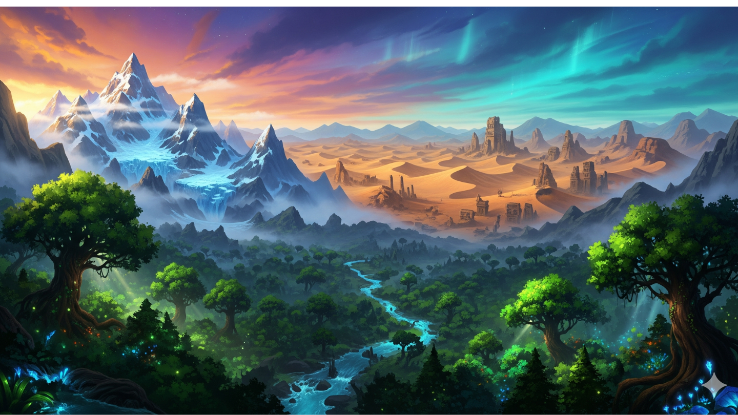 Panorama dunia luas MMORPG dengan hutan, gunung salju, dan gurun fantasi
