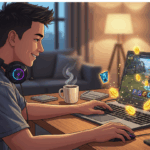 Gamer Indonesia sedang bermain MMORPG di laptop dengan item fantasi bercahaya.