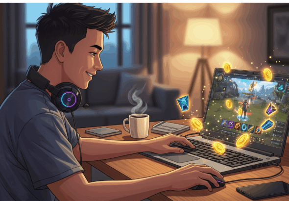 Gamer Indonesia sedang bermain MMORPG di laptop dengan item fantasi bercahaya.
