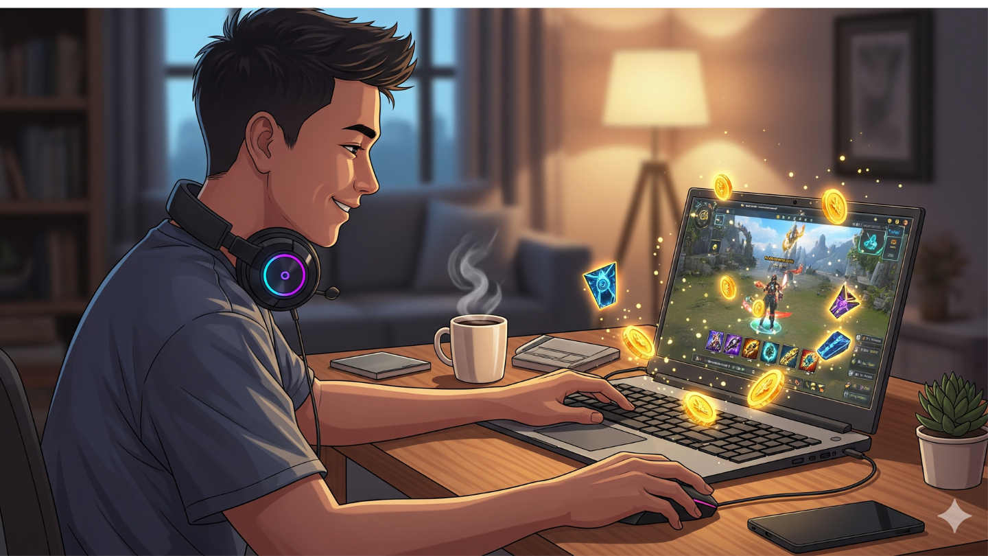 Gamer Indonesia sedang bermain MMORPG di laptop dengan item fantasi bercahaya.