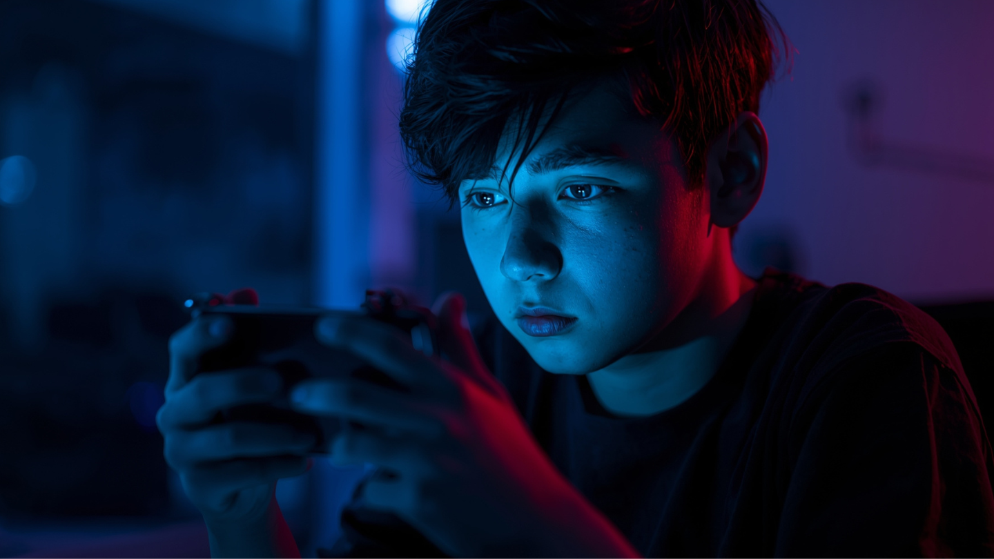 Gamer sedang bermain game mobile FPS di smartphone dengan cahaya neon biru merah.