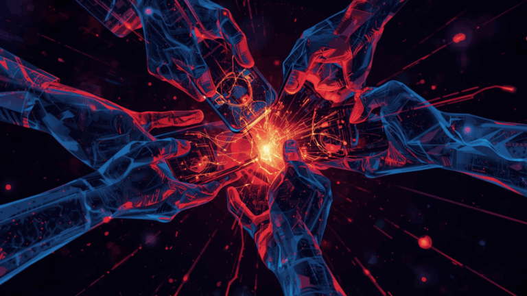 Ilustrasi abstrak kerja sama tim di game mobile dengan efek neon