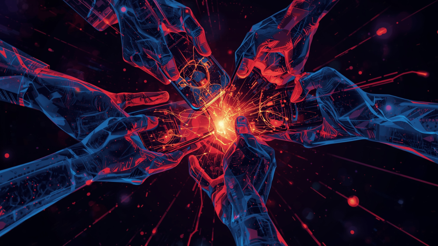 Ilustrasi abstrak kerja sama tim di game mobile dengan efek neon