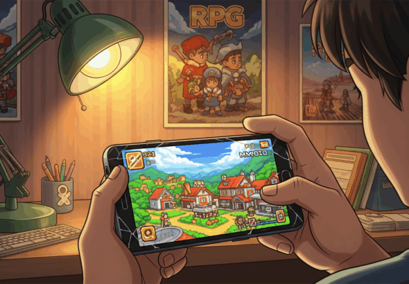 Gamer Indonesia memainkan game mobile mmprog di HP kentang dengan suasana kamar hangat
