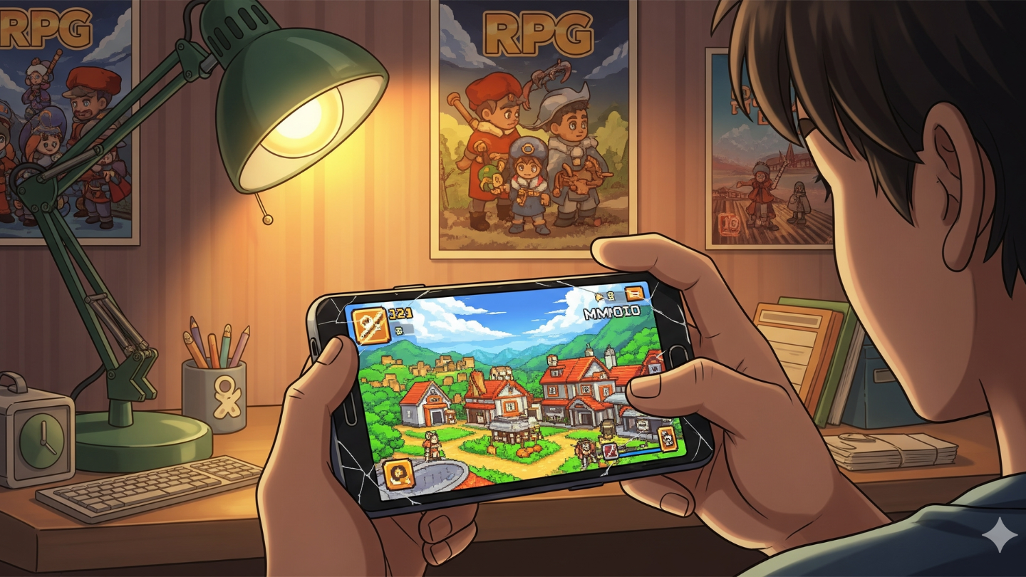 Gamer Indonesia memainkan game mobile mmprog di HP kentang dengan suasana kamar hangat