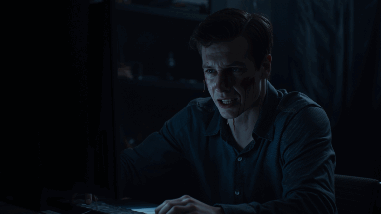 Gamer PC sedang tegang bermain game horror di ruangan gelap