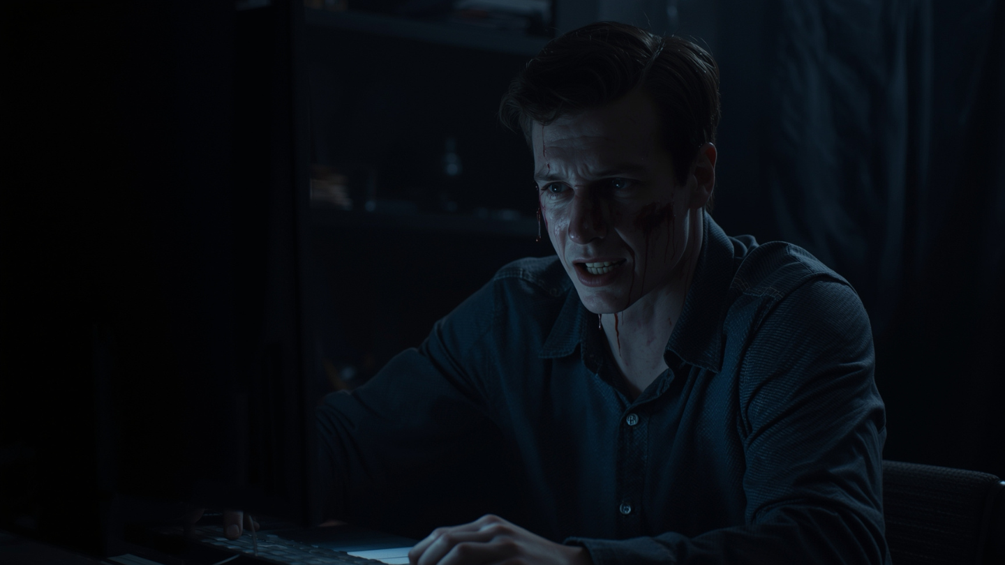 Gamer PC sedang tegang bermain game horror di ruangan gelap
