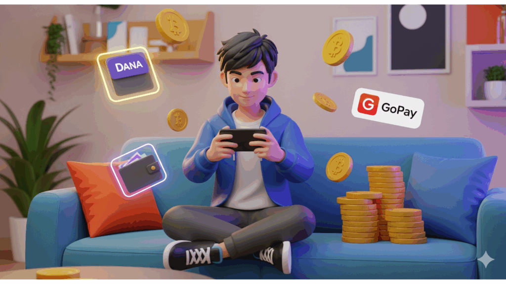 Pemain game Indonesia santai main smartphone dengan simbol uang digital.