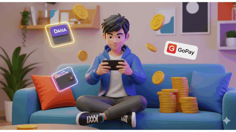 Pemain game Indonesia santai main smartphone dengan simbol uang digital.