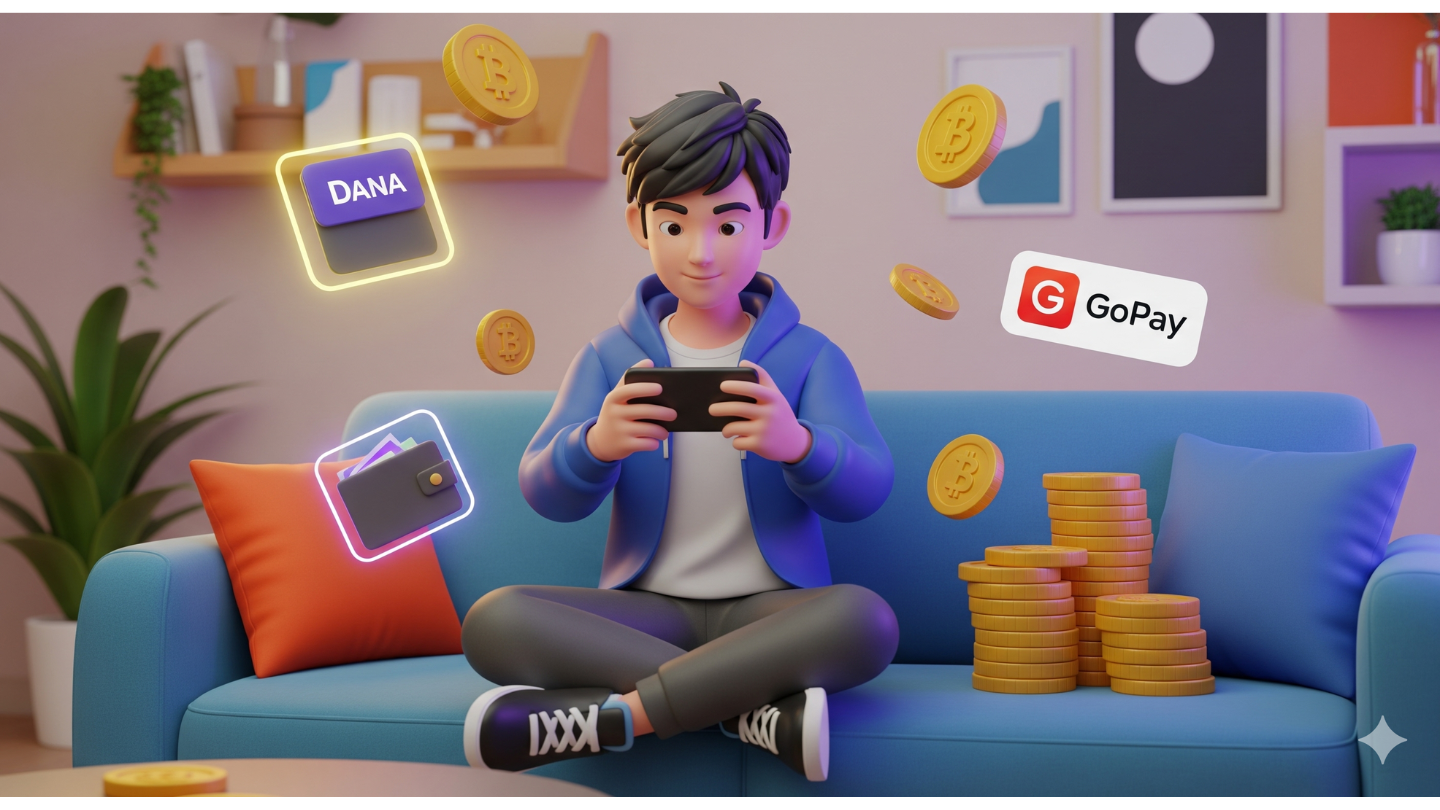 Pemain game Indonesia santai main smartphone dengan simbol uang digital.