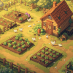 Kebun sederhana ala Stardew Valley dengan rumah kayu dan ayam