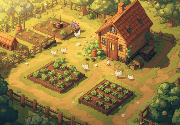 Kebun sederhana ala Stardew Valley dengan rumah kayu dan ayam