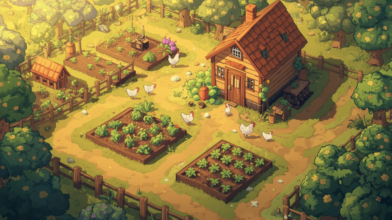 Kebun sederhana ala Stardew Valley dengan rumah kayu dan ayam