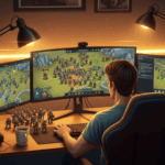 Gamer sedang fokus bermain game strategi di depan monitor dengan peta dan pasukan