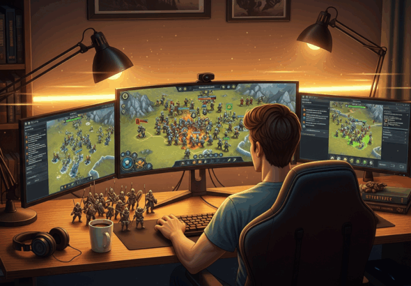 Gamer sedang fokus bermain game strategi di depan monitor dengan peta dan pasukan