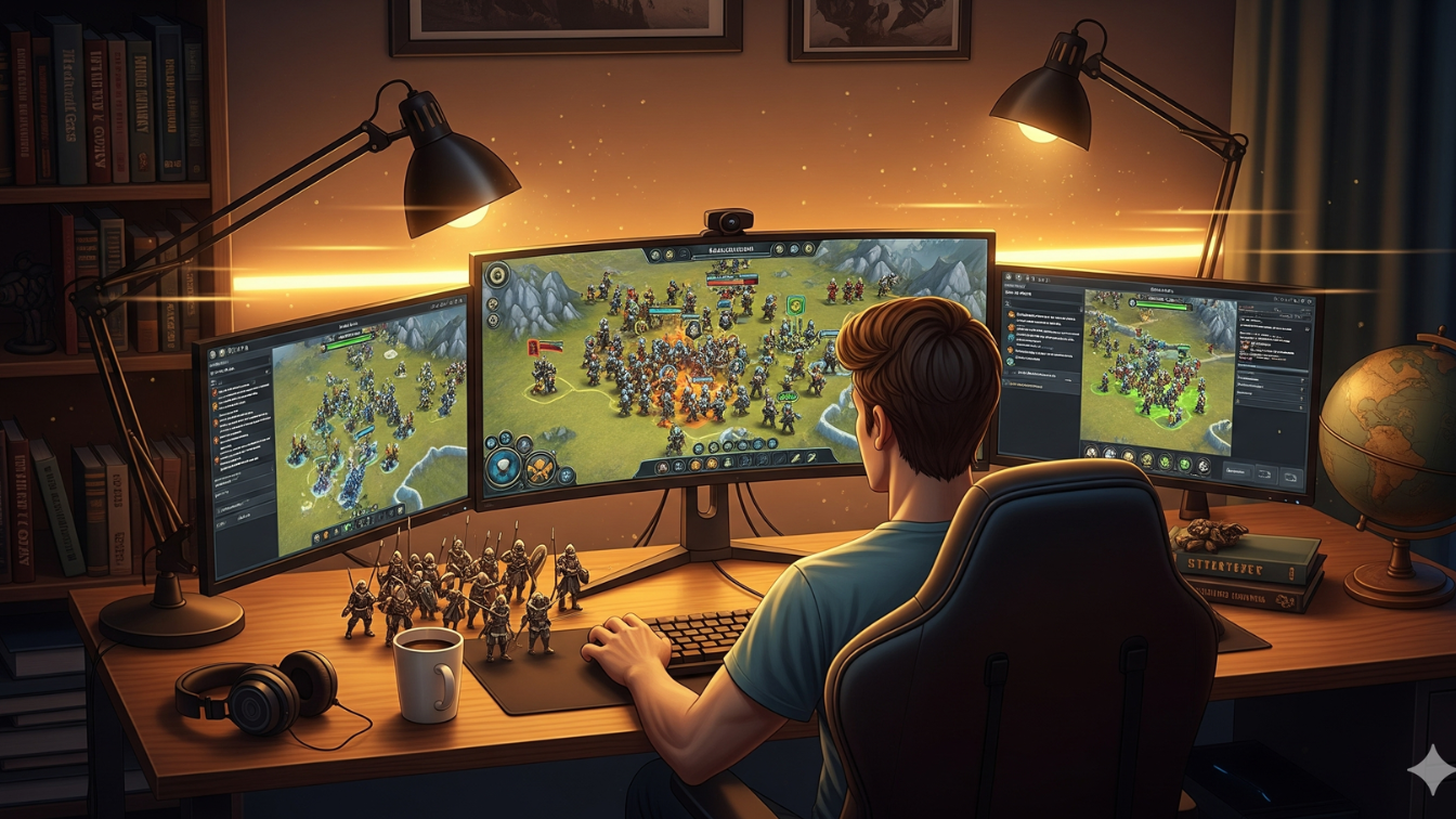 Gamer sedang fokus bermain game strategi di depan monitor dengan peta dan pasukan