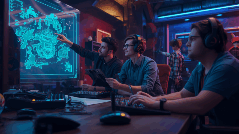 Tim profesional industri game sedang berkolaborasi di studio modern.