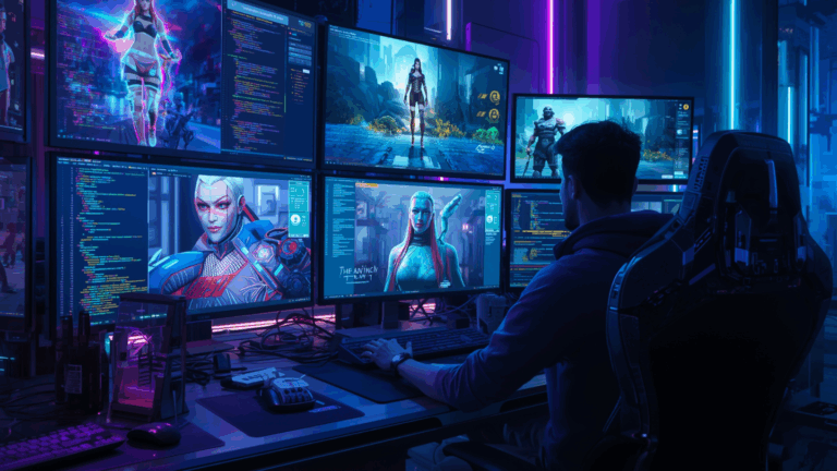 game developer coding hologram karakter 3D di ruang kerja futuristik
