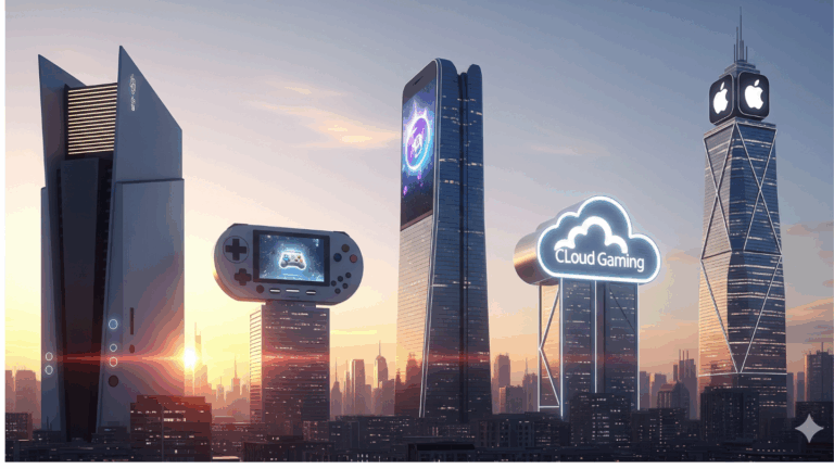 Lima gedung raksasa berbentuk konsol, ponsel, cloud, dan toko aplikasi melambangkan dominasi perusahaan besar dalam industri game.