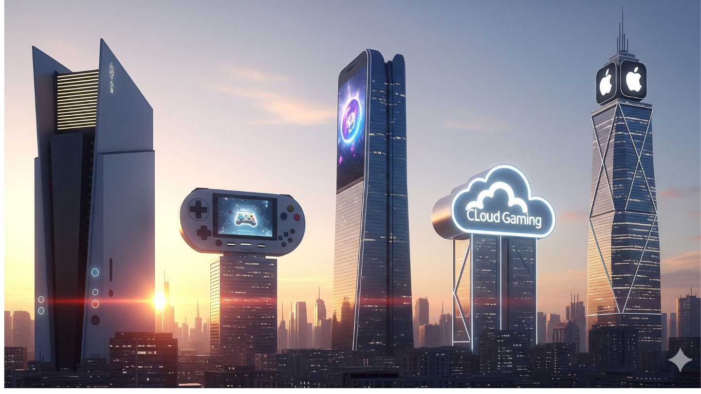 Lima gedung raksasa berbentuk konsol, ponsel, cloud, dan toko aplikasi melambangkan dominasi perusahaan besar dalam industri game.